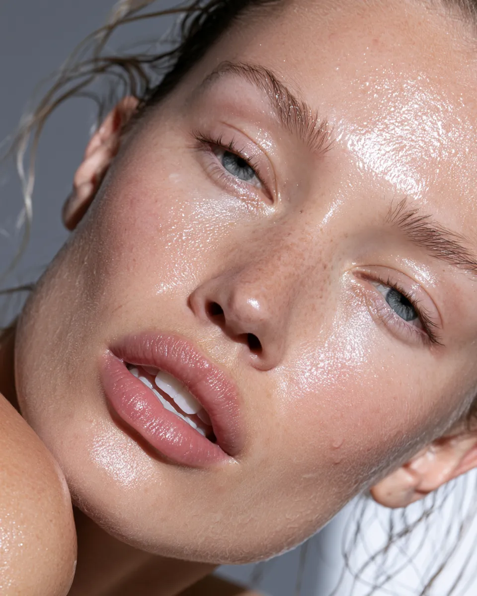Glass skin routine result on a woman with translucent glowing complexion