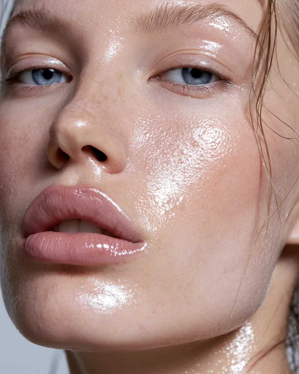 Close-up portrait of radiant glass-like skin achieved through Korean beauty layering routine