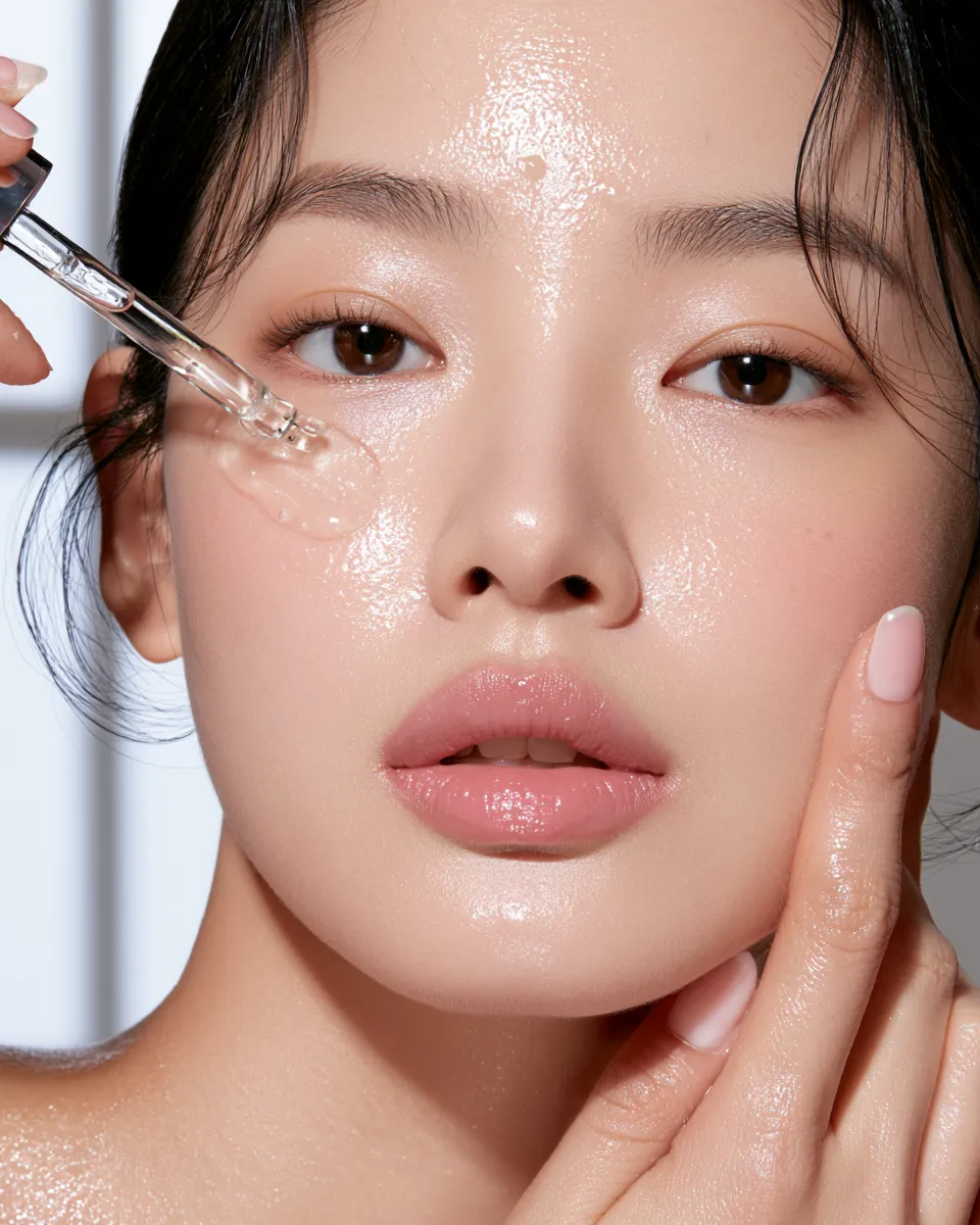 Glass skin serum being applied with fingertips on luminous glowing complexion