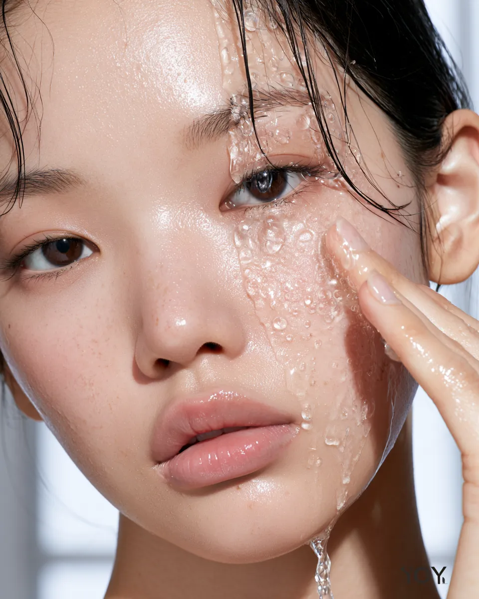 Skincare serum texture on healthy dewy skin in a professional beauty editorial photograph