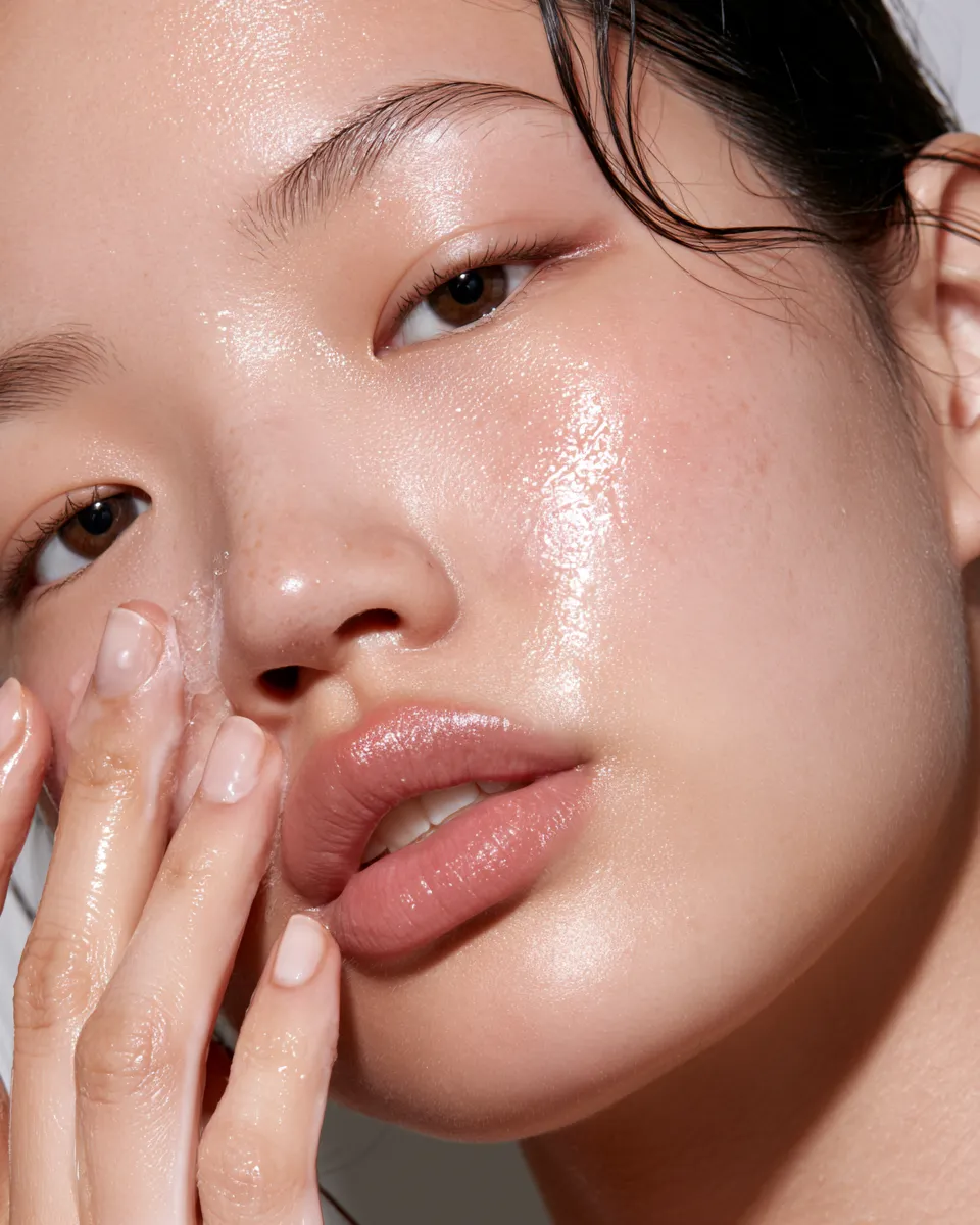 Woman applying hydrating serum as part of a glass skin routine with glowing skin result