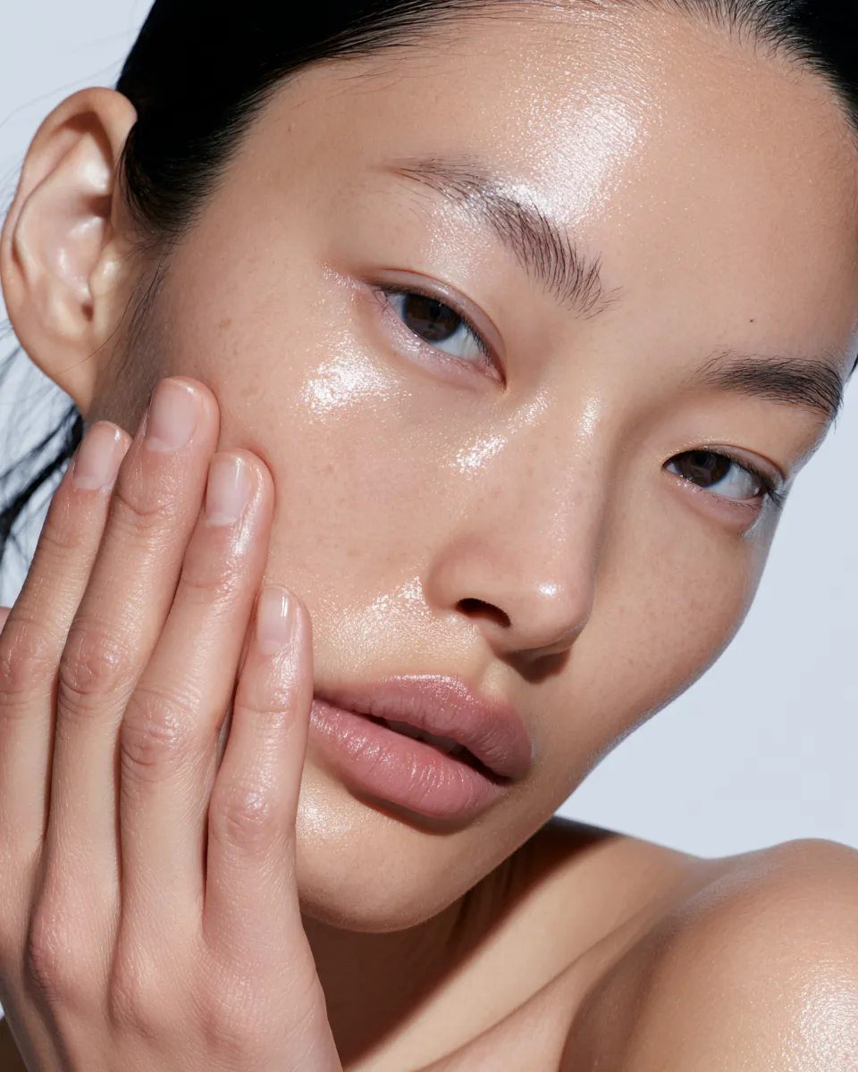 Woman showing glass skin result with visibly smooth reflective complexion in morning light