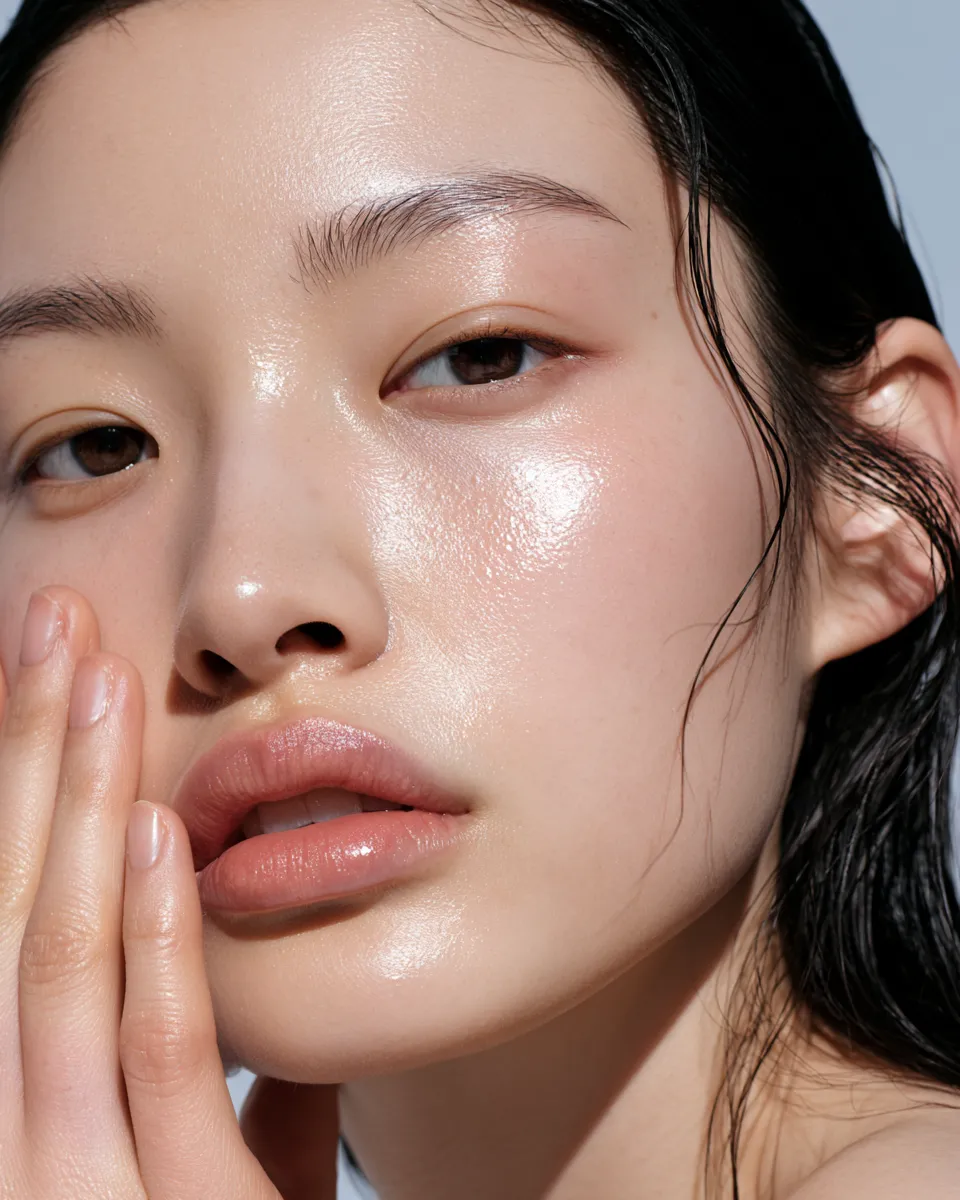 Before and after glass skin routine result showing luminous mirror-like skin texture