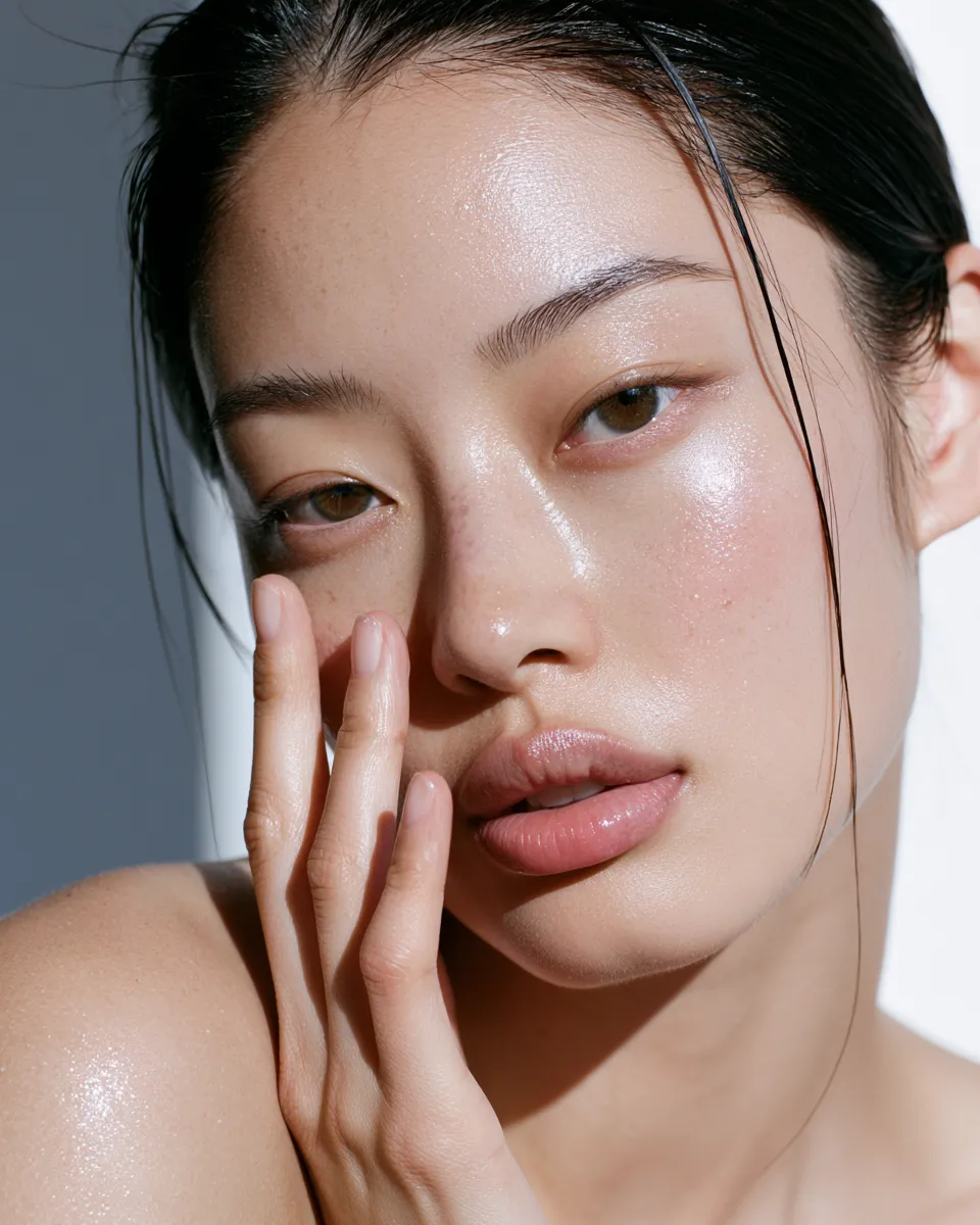 Close-up of glass-like reflective skin surface on a woman's face in natural window light