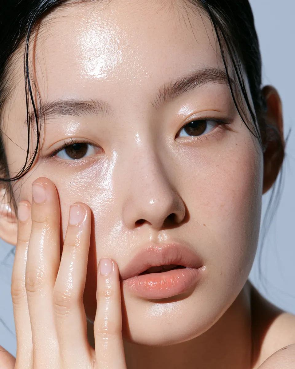 Glass skin glow result on a woman touching her cheek in a minimalist beauty editorial photograph