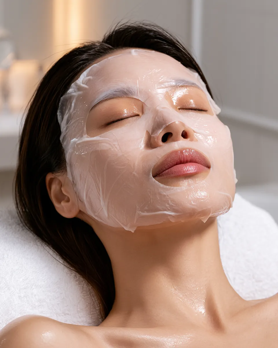 Woman wearing a hydrating Korean sheet mask as part of her glass skin routine