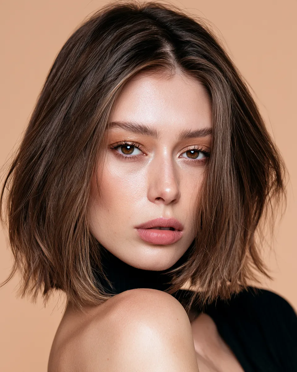 Soft layered lob on oval face, beauty editorial photo showing ideal haircut for this face shape