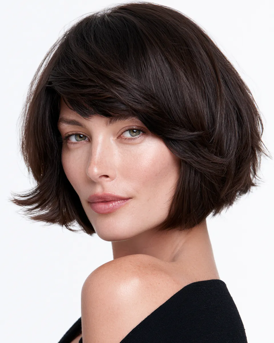Studio beauty shot of a layered haircut flattering different face shape proportions