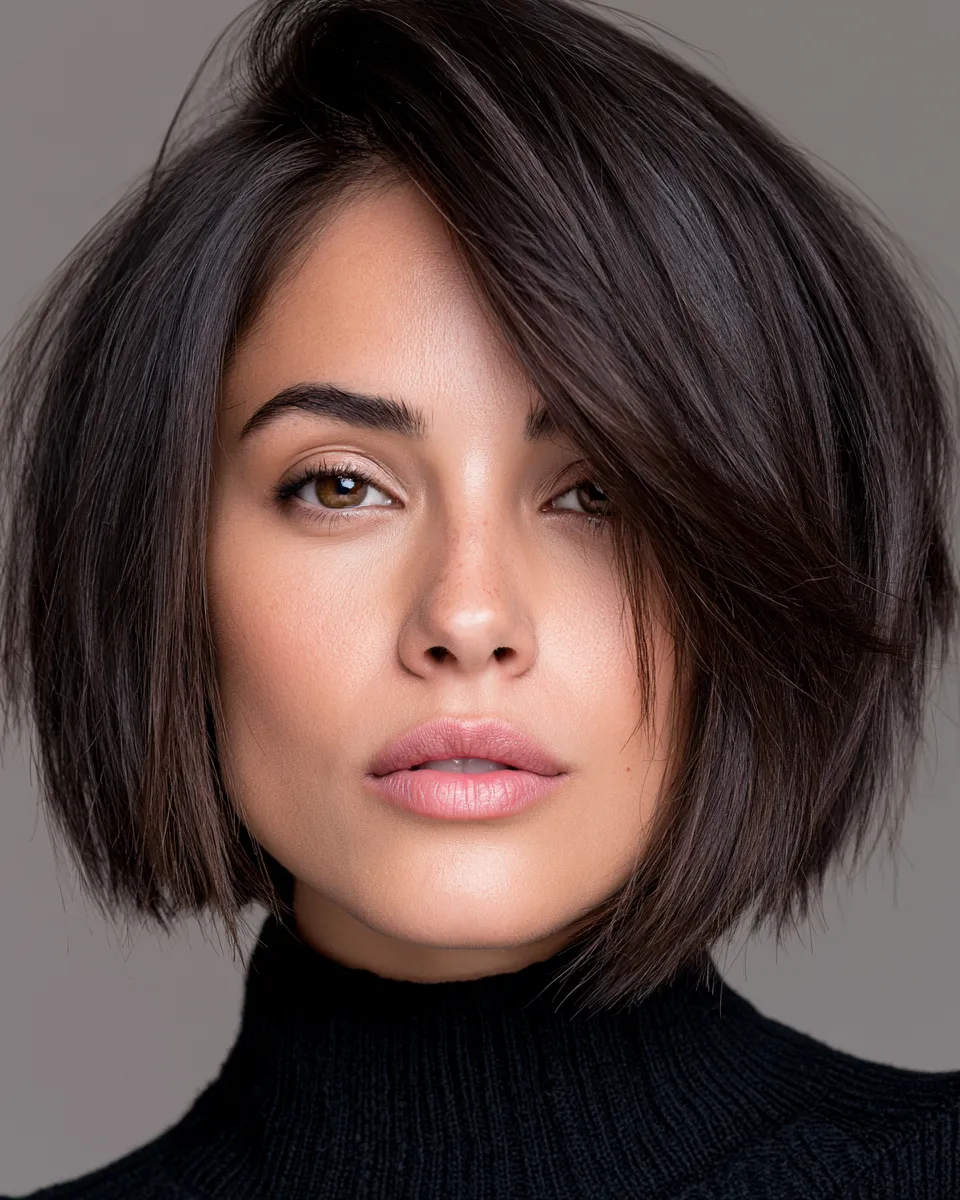 Side-swept layered bob as a slimming haircut for round face proportions, beauty photo