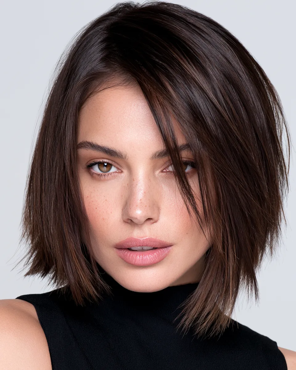 Woman with round face shape wearing a structured choppy bob that elongates and defines the face