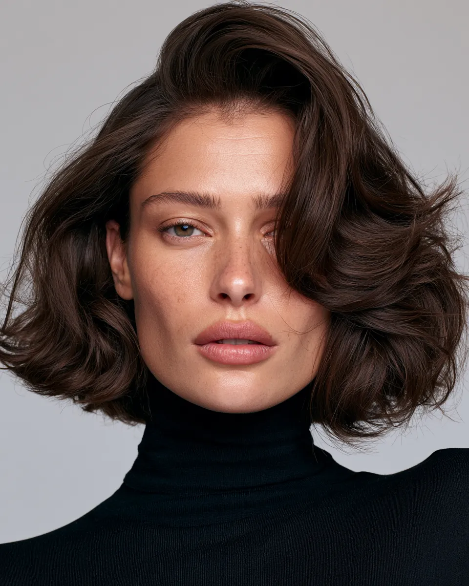 Dark brown wavy lob as a recommended haircut for heart face shape proportions