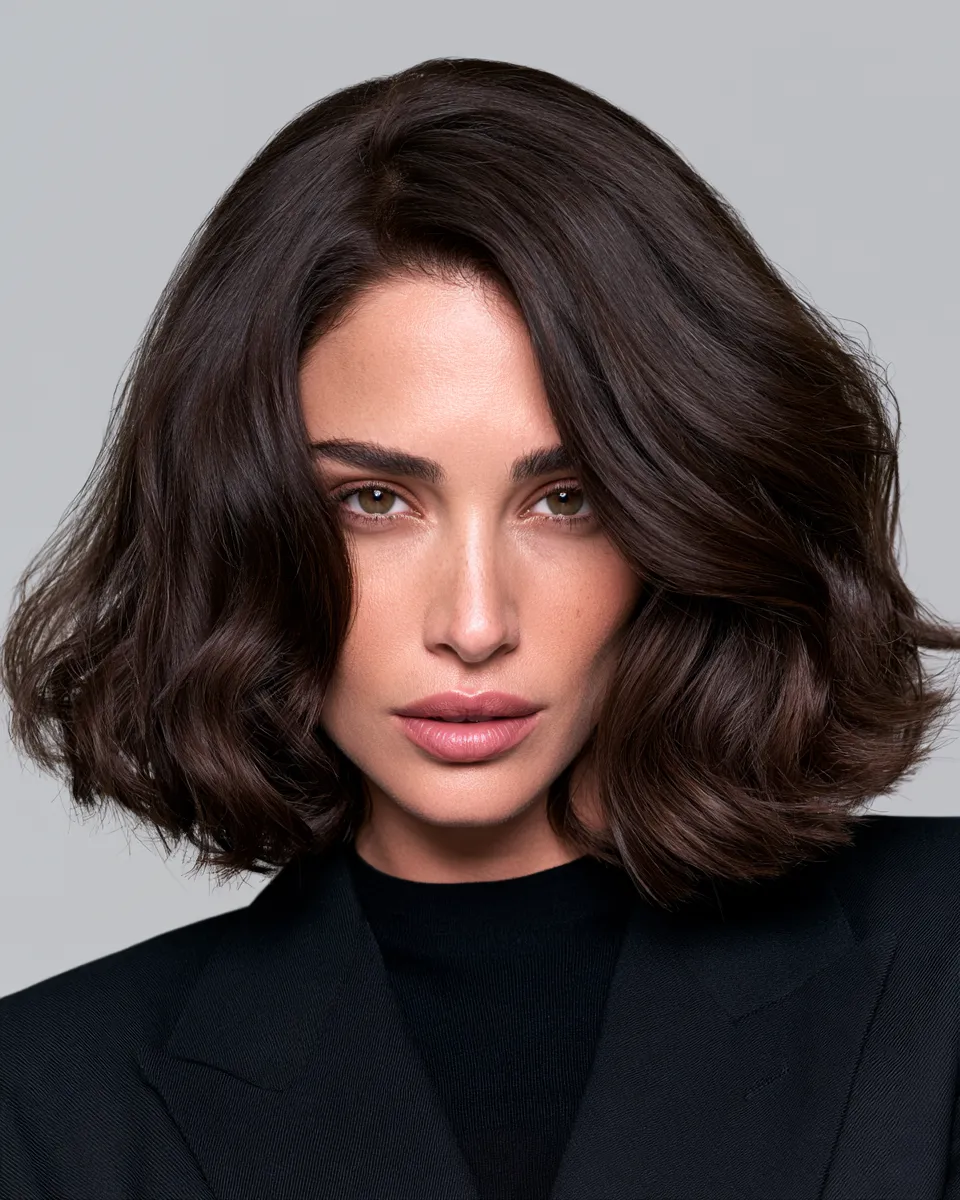 Studio portrait showing how the right haircut for a heart-shaped face adds volume near the jaw