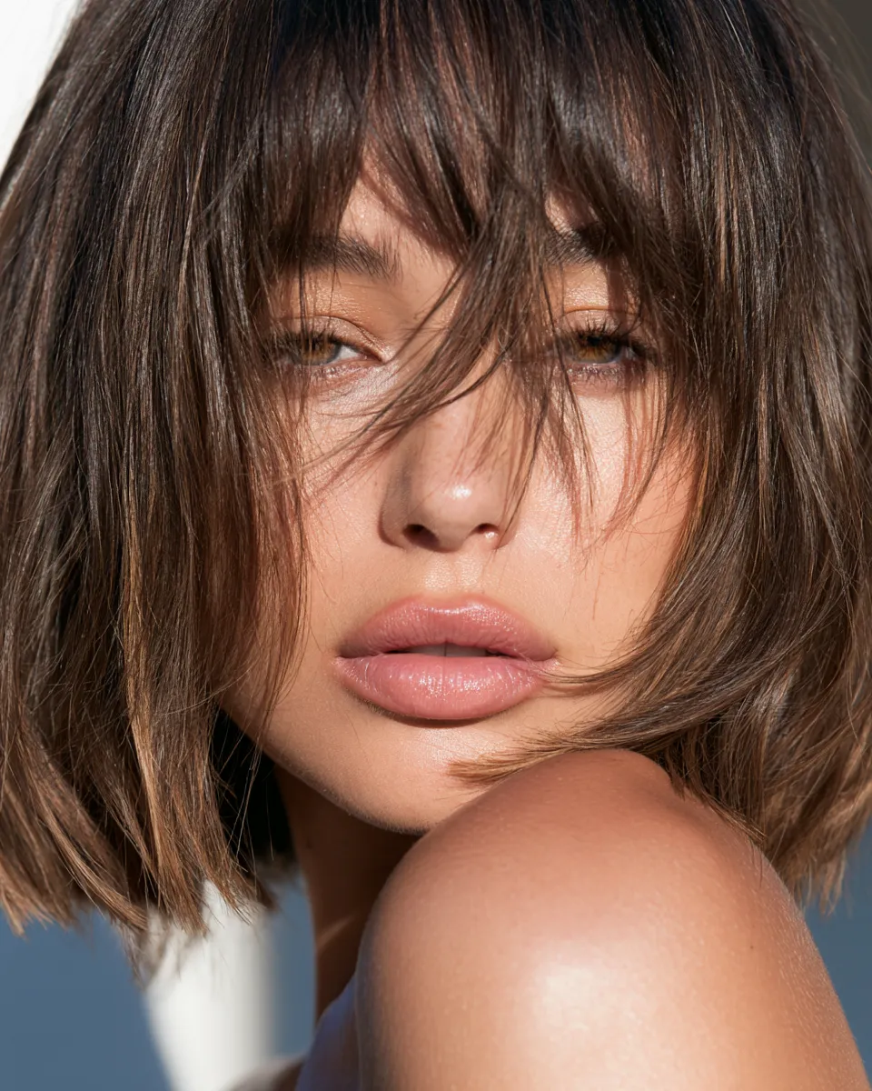Caramel highlighted lob as a recommended haircut for an oval-shaped face