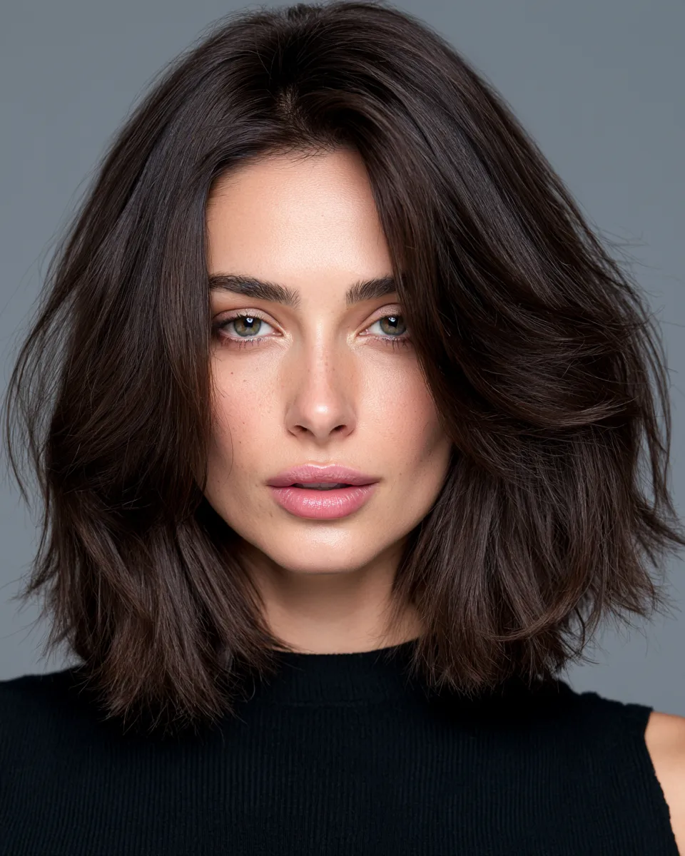 Beauty editorial photo of side-swept layered lob on a heart shaped face balancing forehead and chin width