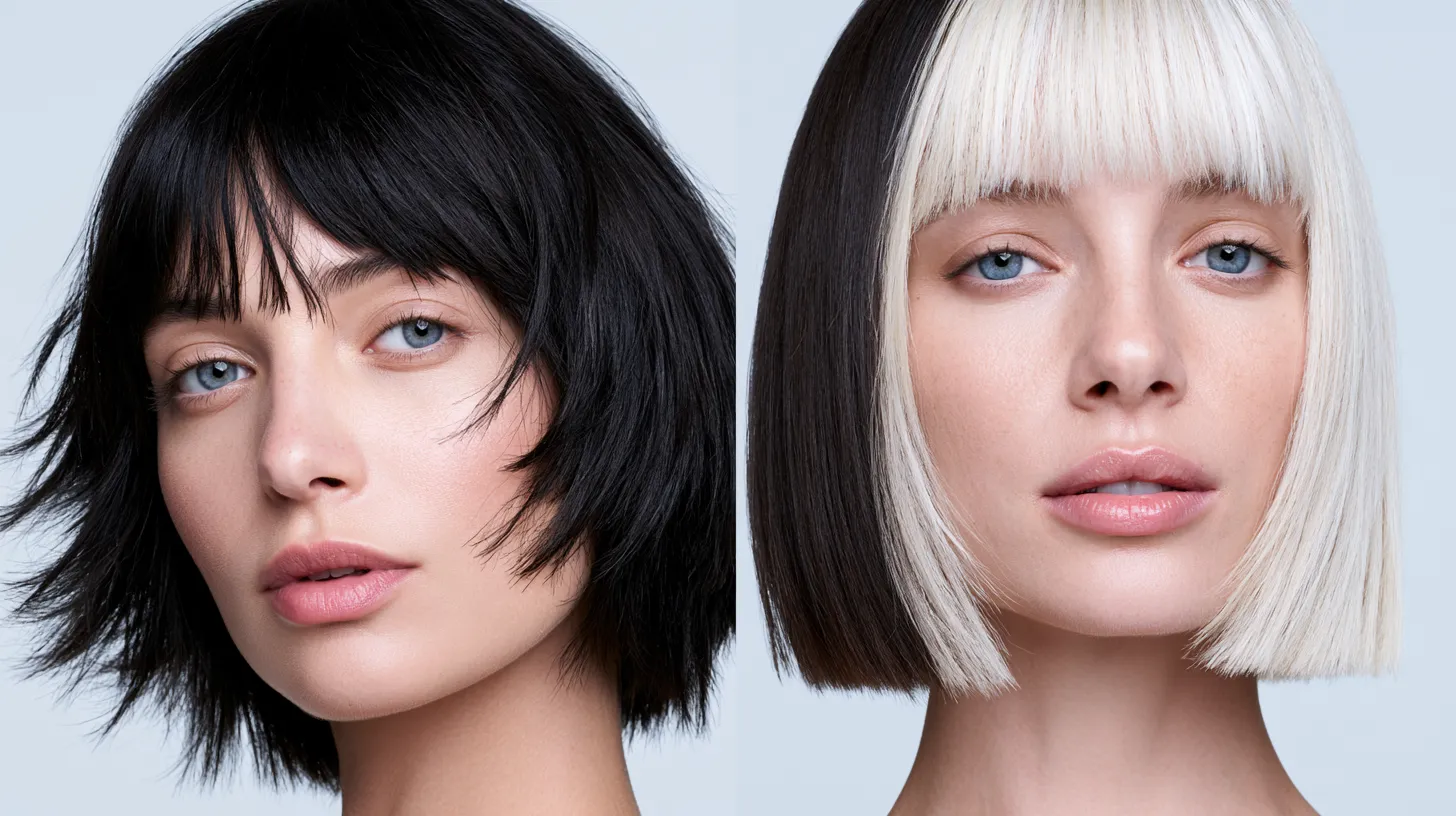 Two women showing different haircuts chosen for their specific face shapes, side-by-side beauty editorial