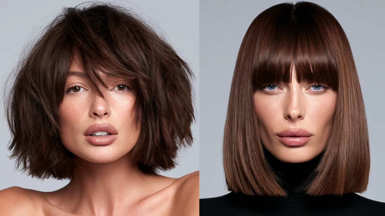 Round face with choppy bob next to long face with banged bob — haircut examples for two face shapes