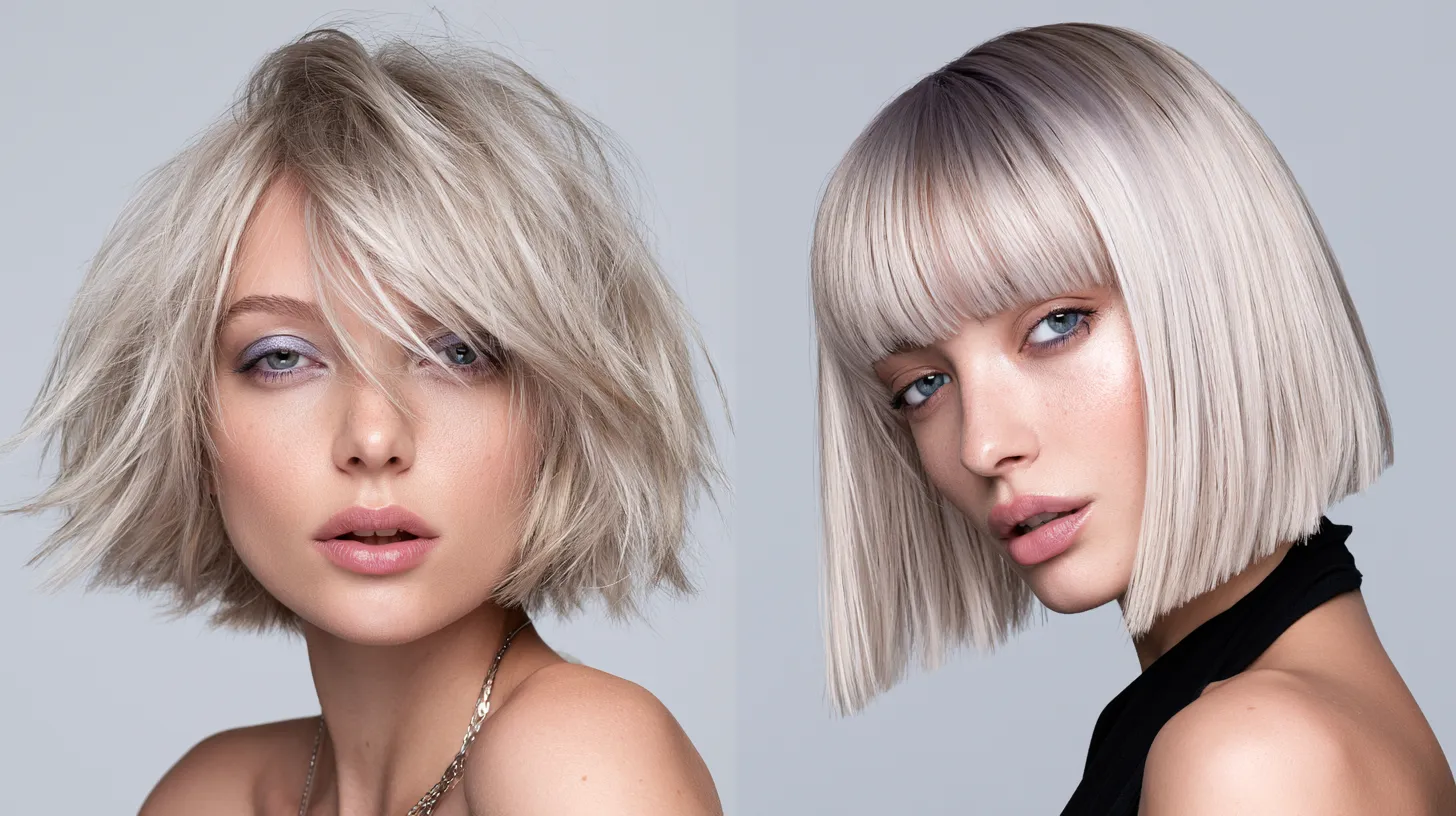Beauty portrait pair demonstrating how haircut selection changes based on face shape