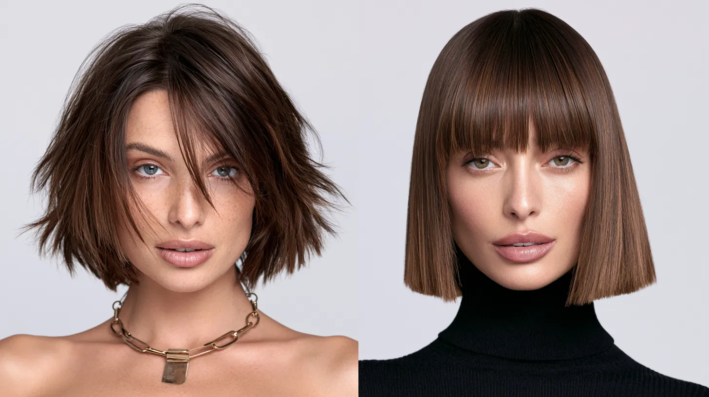 Magazine-quality portrait showing the right haircut for different face shapes on two models