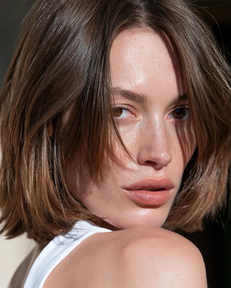 Beauty portrait of woman with oval face showing how a layered cut enhances face shape proportions