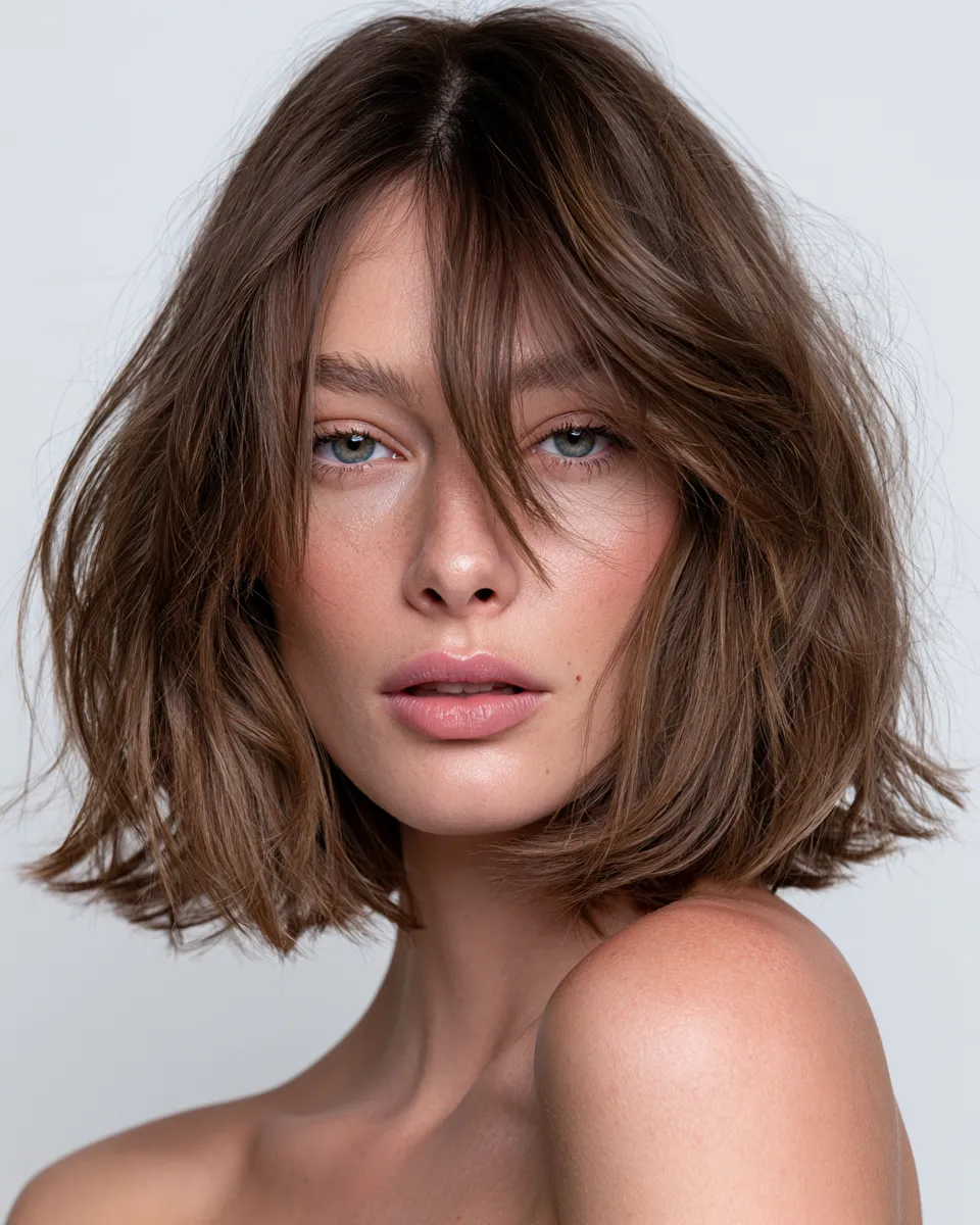 Woman with oval face shape and a layered lob — one of the best haircuts for oval faces