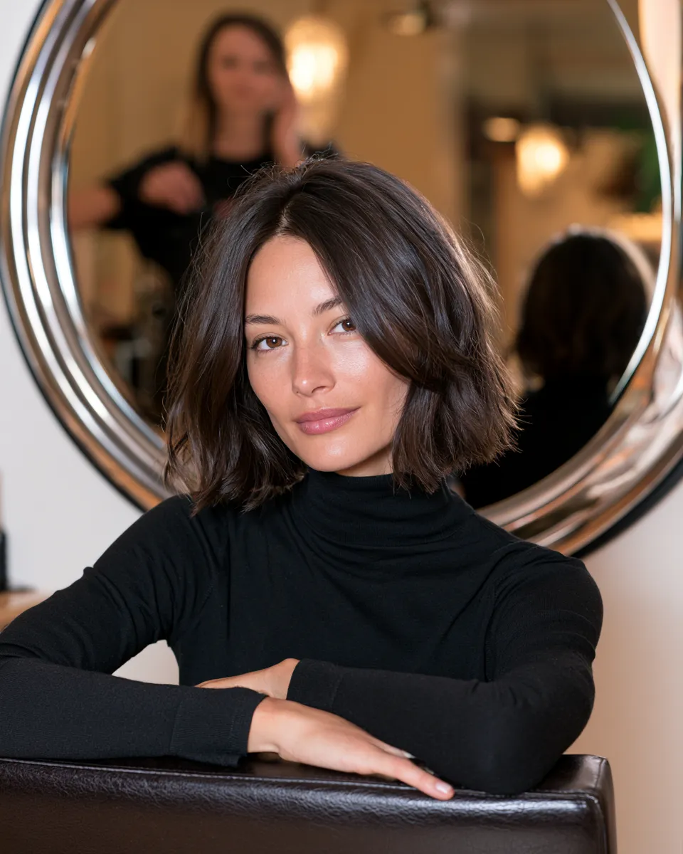 Salon scene showing the result of choosing the right haircut for your face shape, layered bob style