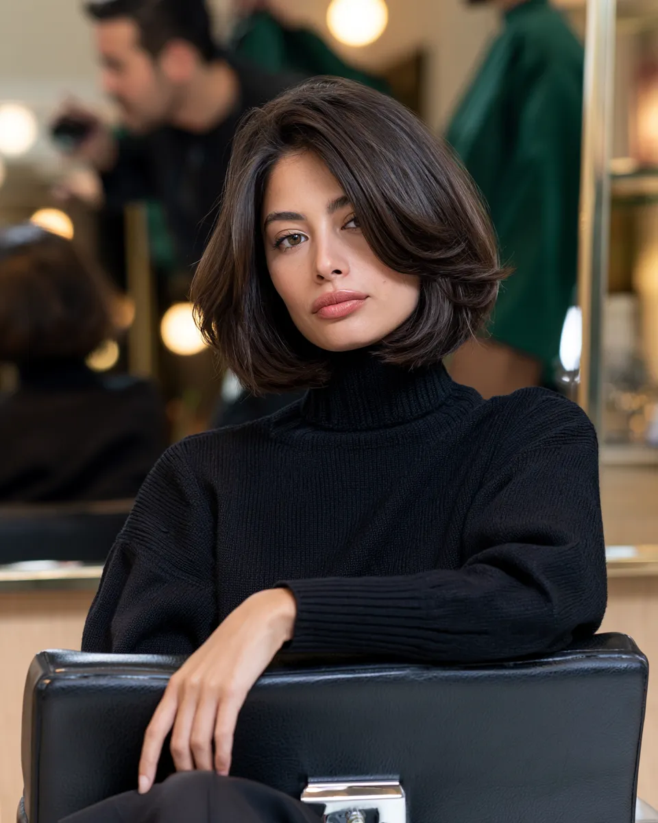 Editorial hair photo of a woman with a face-shape-flattering layered haircut sitting in a salon chair