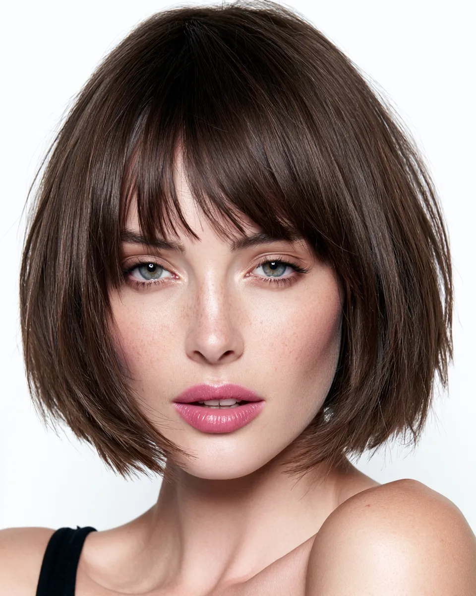 Woman with a layered bob showing the best haircut for her oval face shape, beauty editorial style