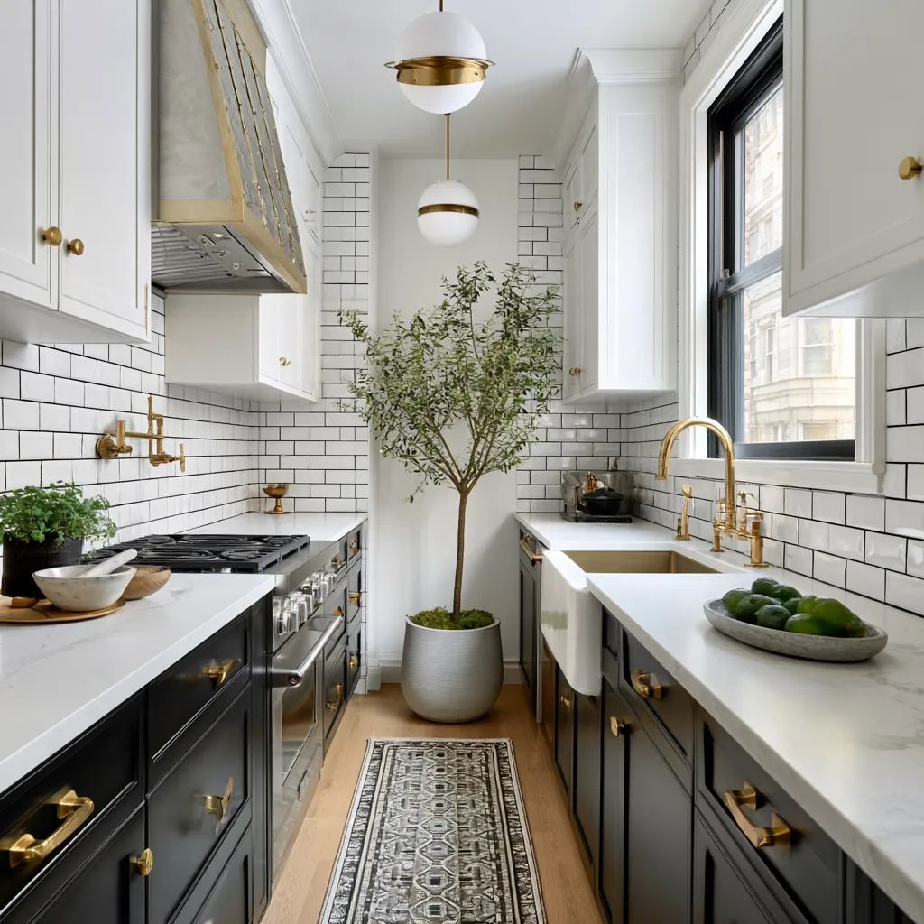 Galley kitchen with parallel counters and efficient spacing