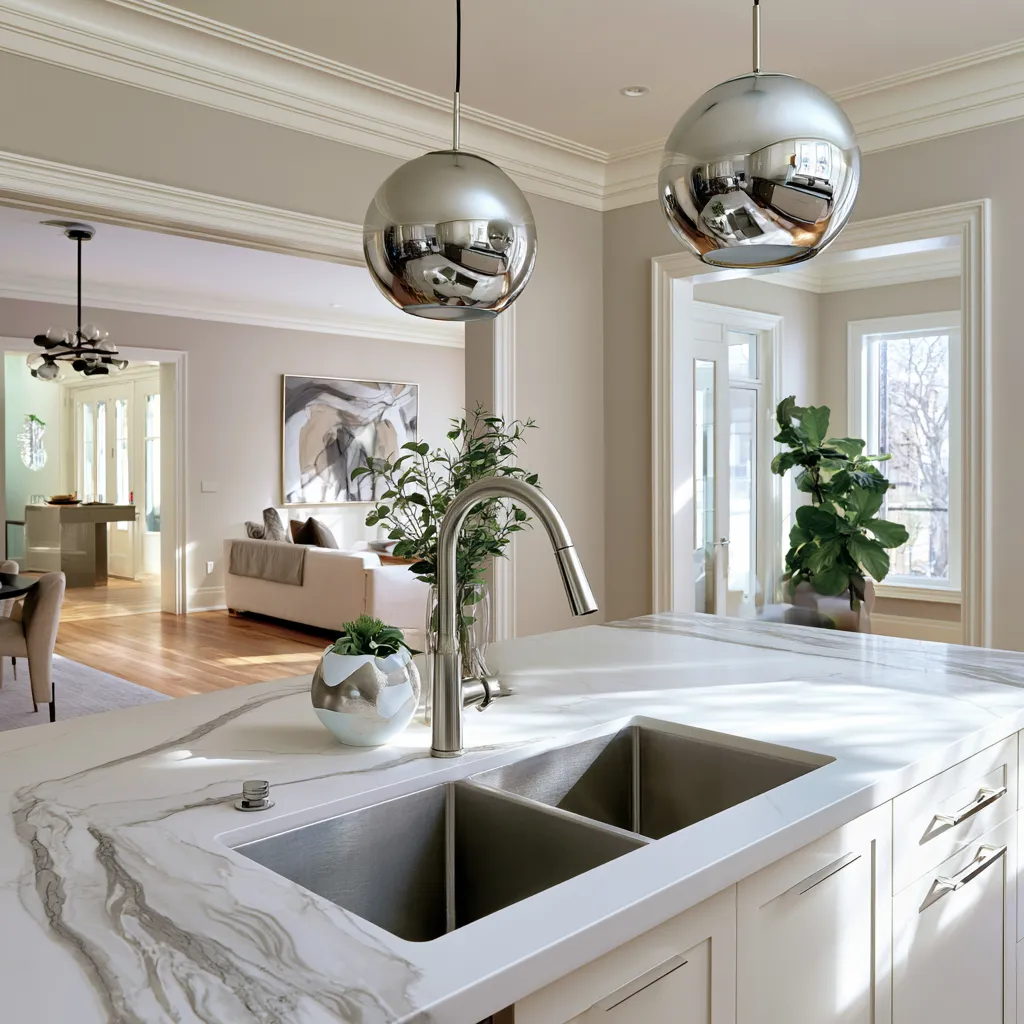 Quartz countertop island with integrated sink and seating
