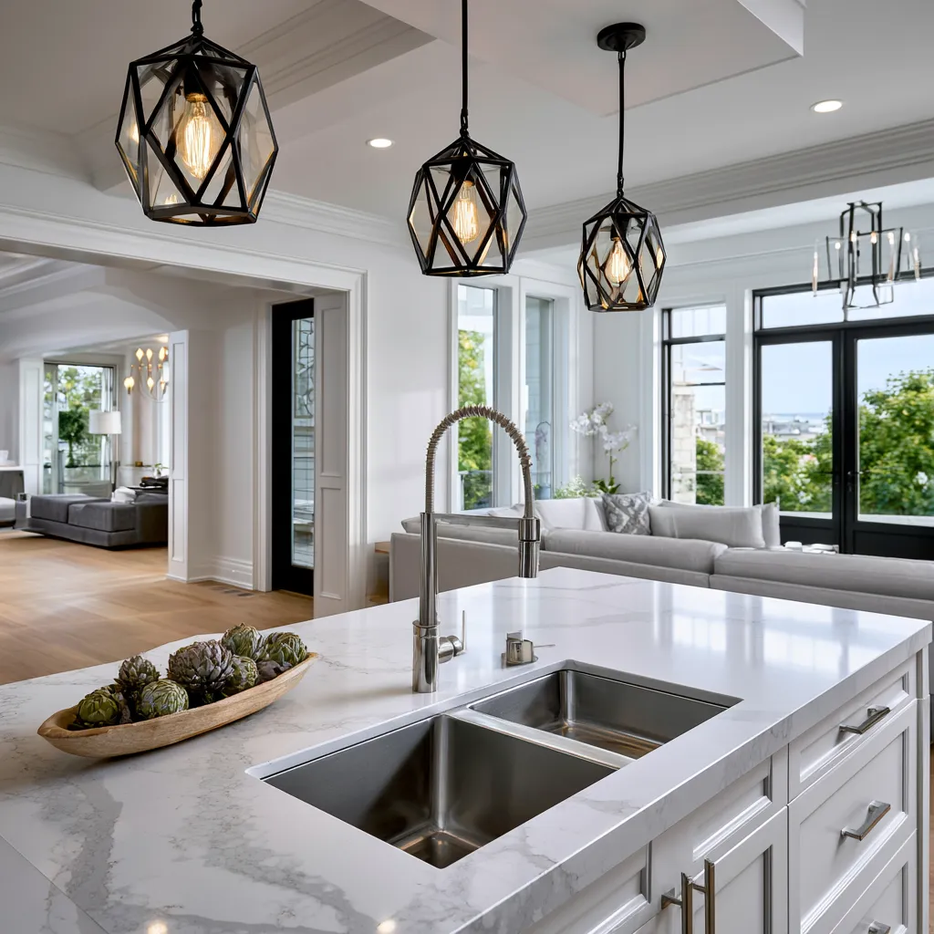 Bright kitchen showing counter space and traffic flow