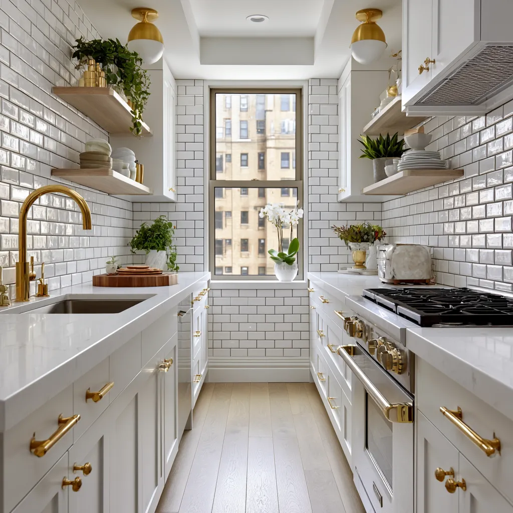 White subway tile galley kitchen with brass fixtures