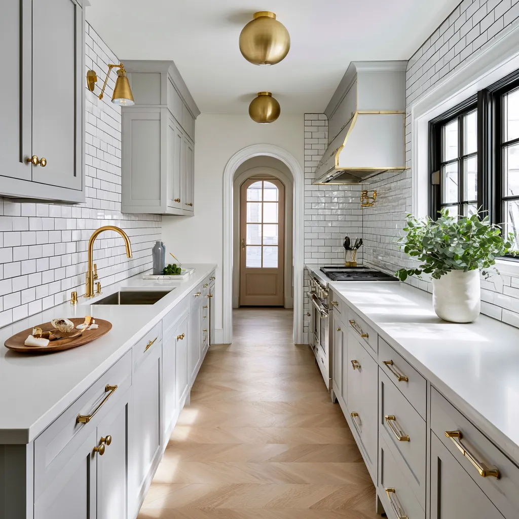Parallel counter kitchen layout with stainless appliances