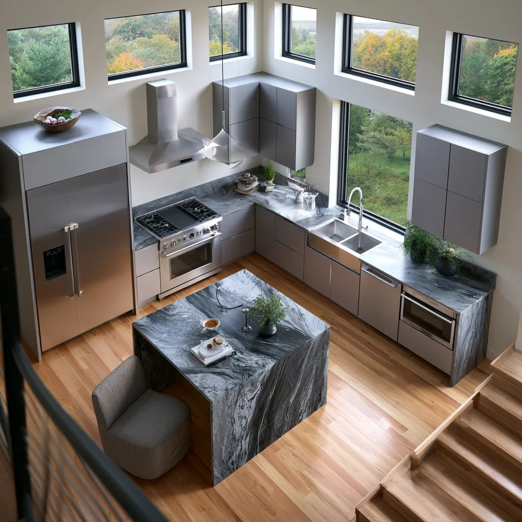 Bright kitchen layout with efficient work triangle spacing