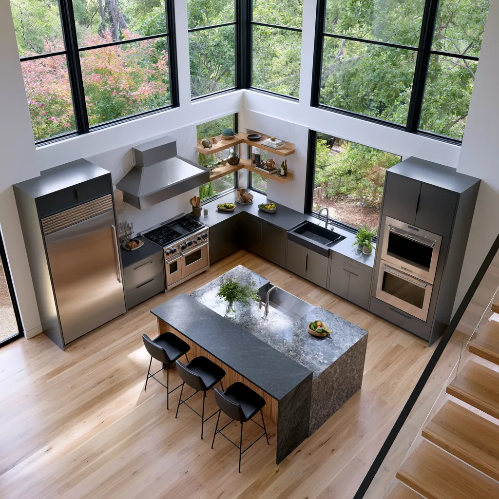 Modern kitchen with island and stainless appliances overhead
