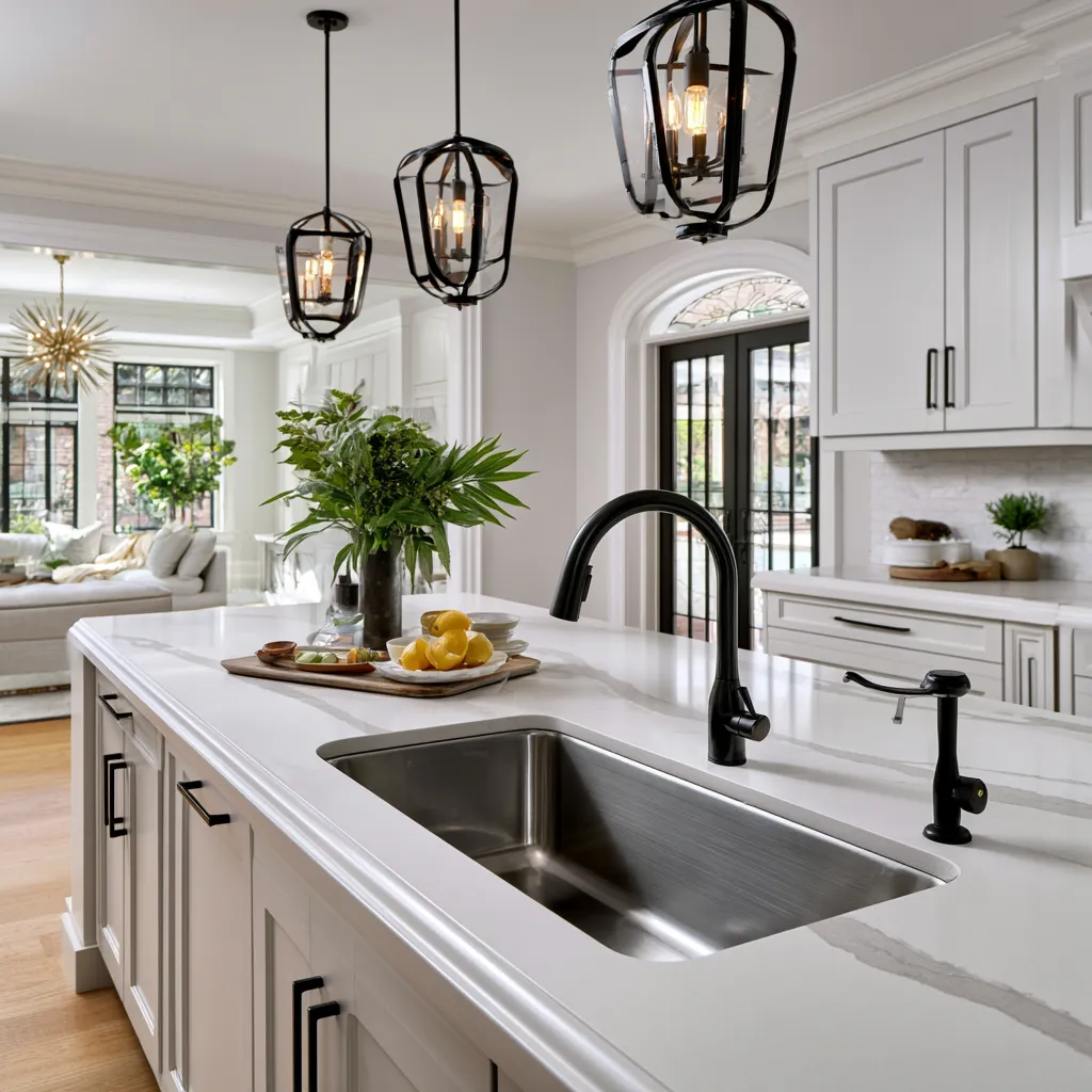 Kitchen island with prep counter and overhead pendant lighting
