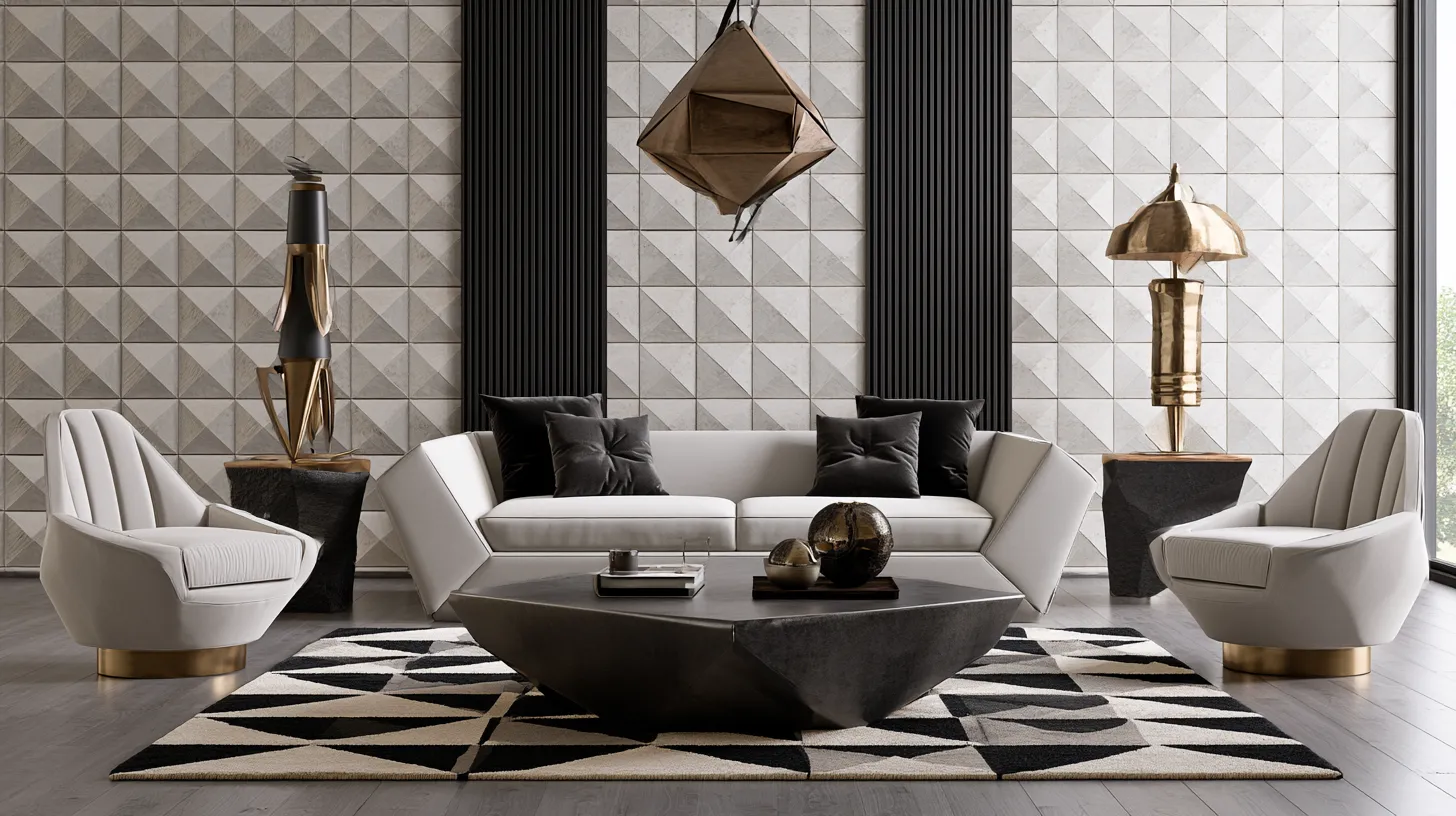 Geometric living room design ideas with angular furniture, diamond wallpaper and brass geometric pendant light