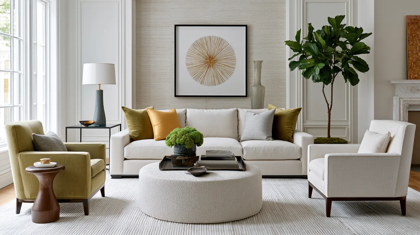 Curated living room design ideas with layered textures, neutral walls and bold accent sofa in natural afternoon light