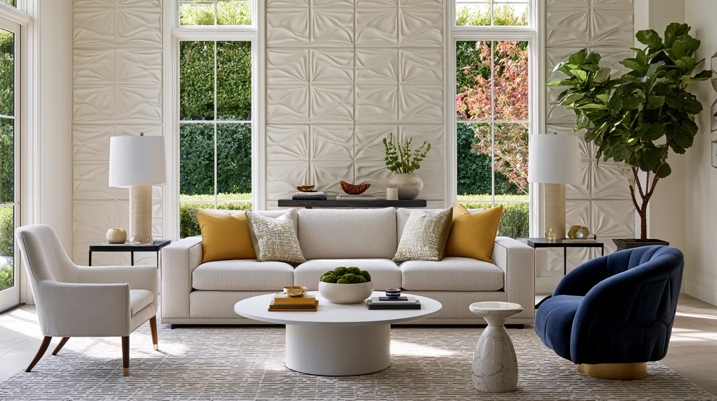 Modern living room interior design ideas featuring mixed materials, warm tones and architectural wall treatment
