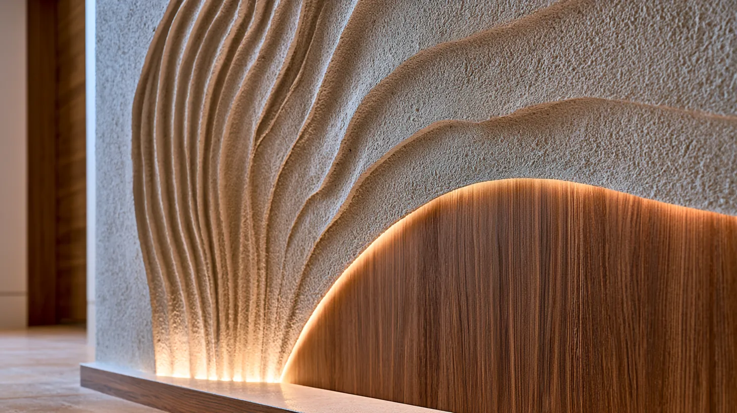 Interior design wall ideas for living room featuring layered materials and architectural panel detail in neutral tones