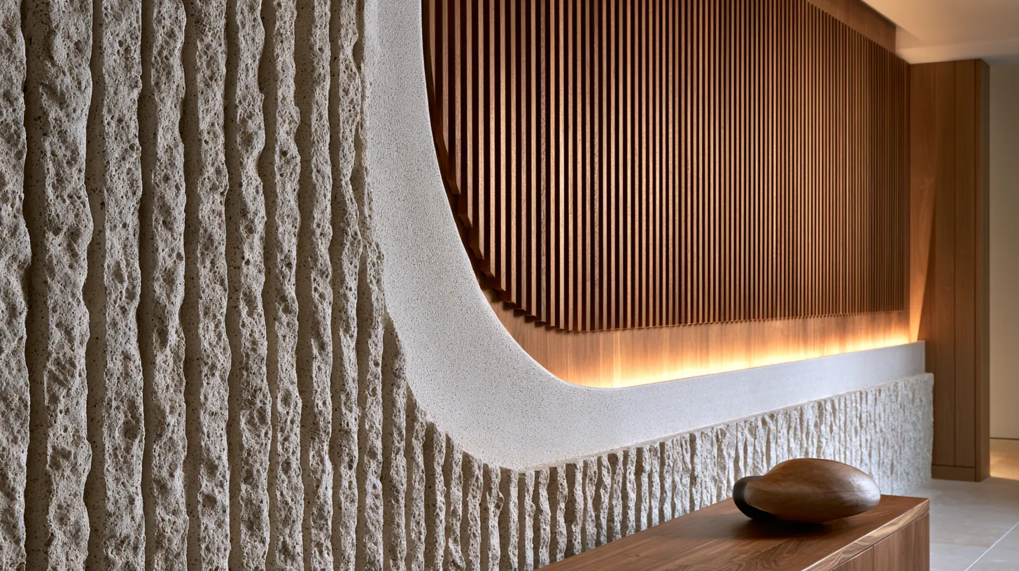 Feature wall living room design ideas with mixed textures and warm ambient glow, photographed in architectural magazine style