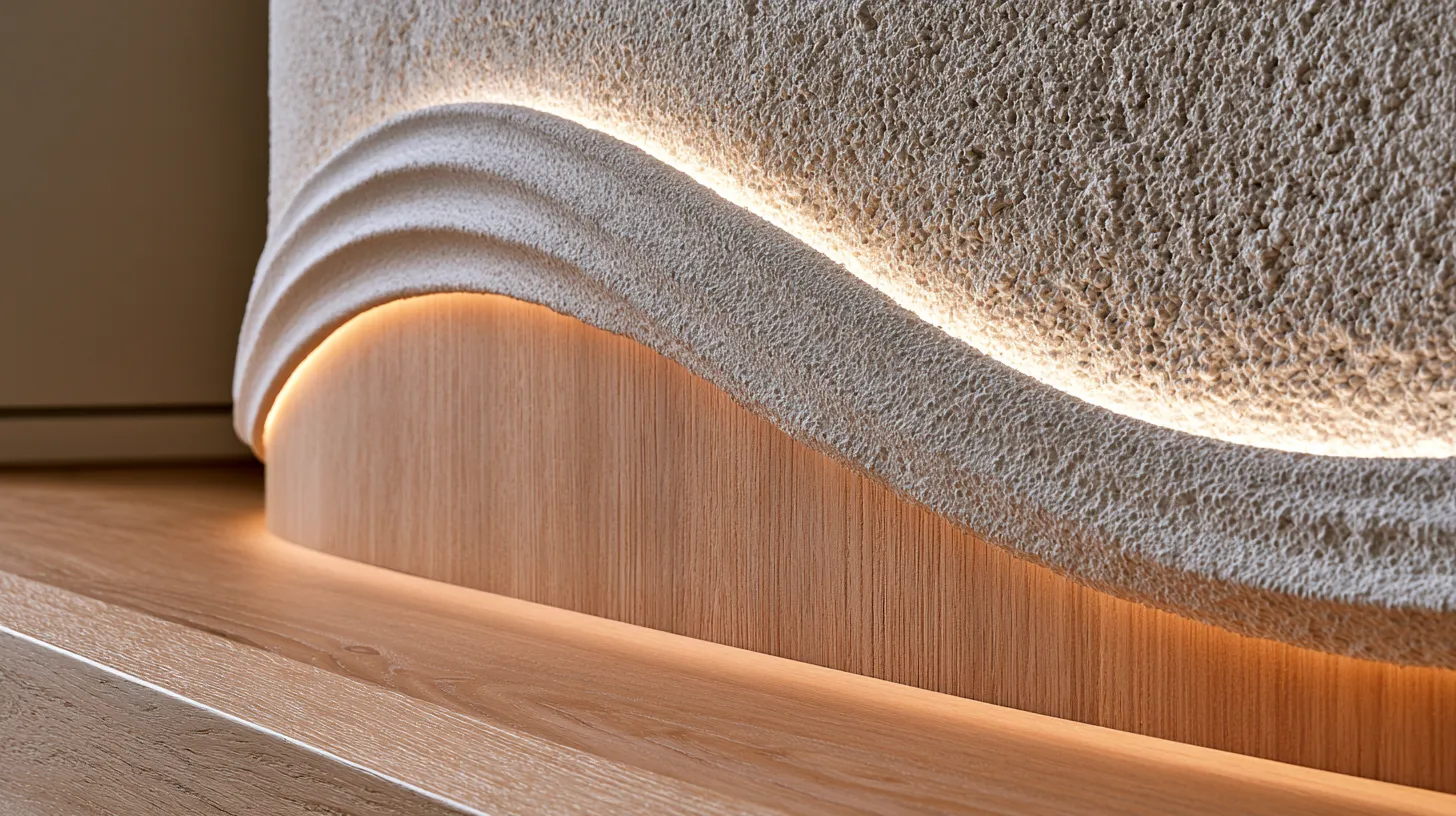 Living room wall design ideas with natural plaster finish and integrated wood panelling under warm side lighting