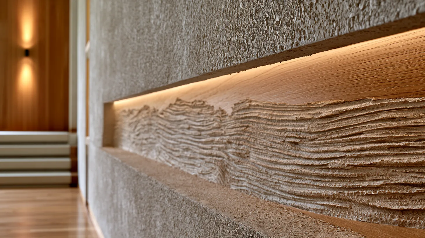 Modern living room wall treatment ideas combining textured surface and built-in panelling in editorial interior style