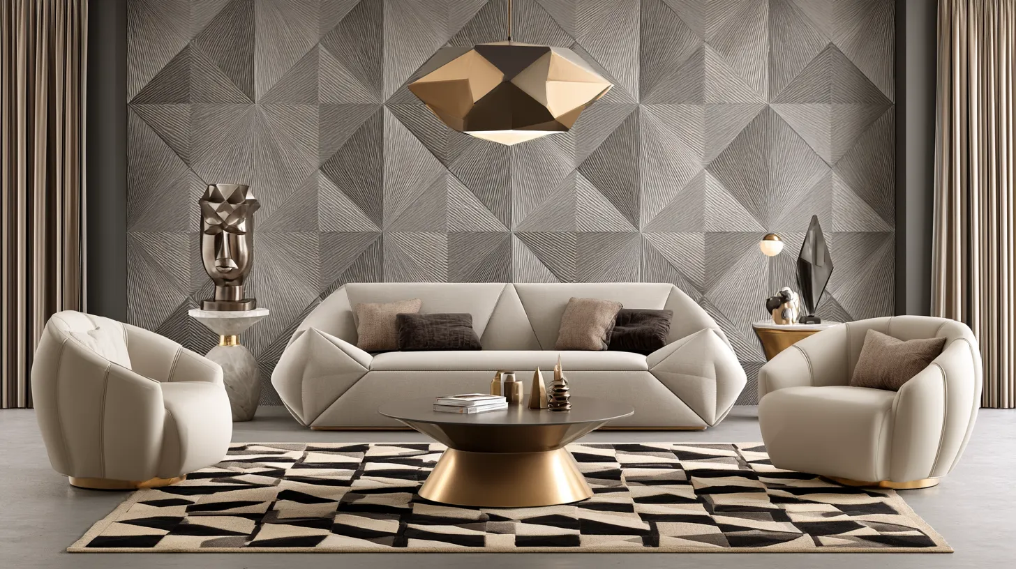 Modern geometric interior design for living room featuring triangular rug, patterned wall and structured seating area
