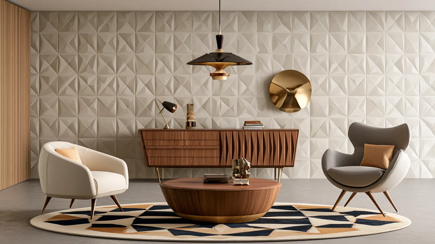 Contemporary living room with geometric shapes design ideas including bold wallpaper and statement pendant lighting in neutral tones