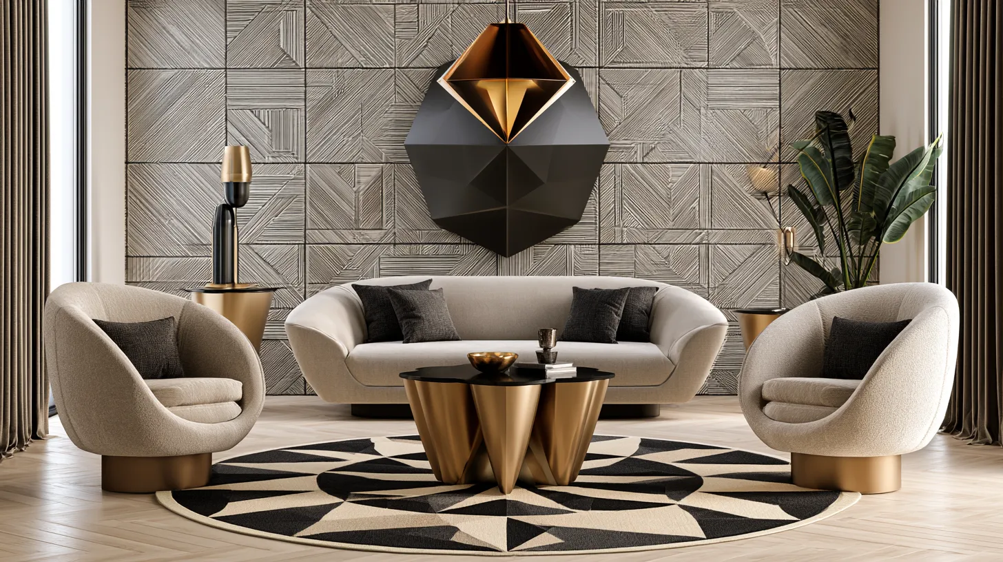 Geometric home decor ideas for living room with mid-century angular furniture and layered pattern surfaces in editorial style