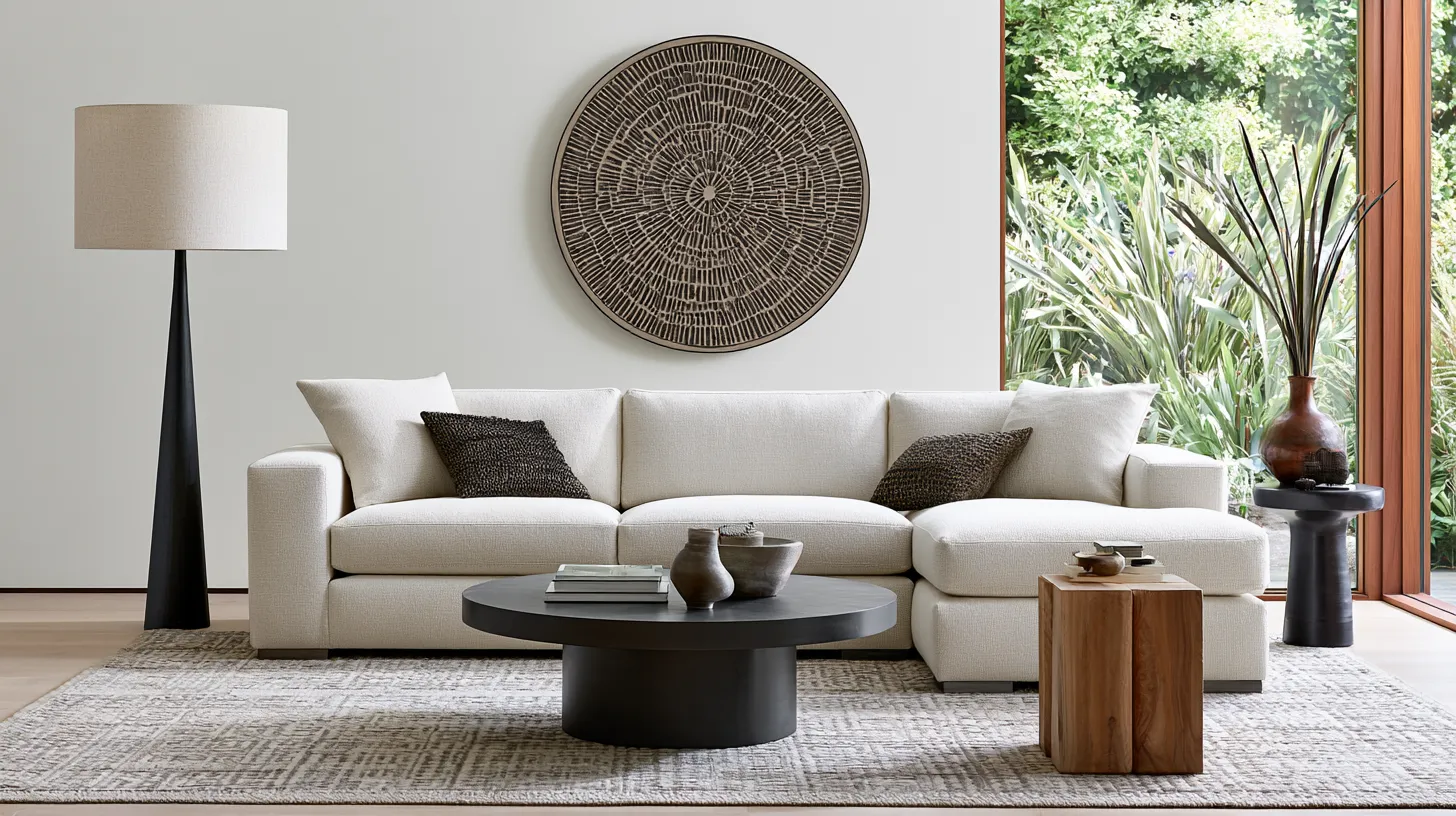 Modern living room furniture ideas with statement sofa, layered rug and curated side tables in natural light