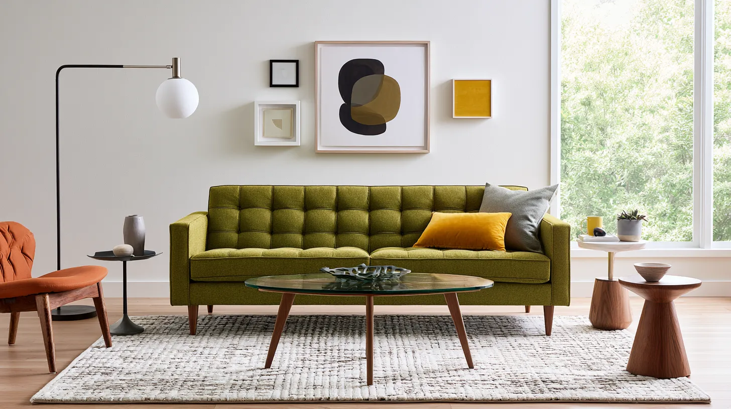 Contemporary living room decor ideas featuring balanced furniture arrangement with floor lamp and accent wall decor