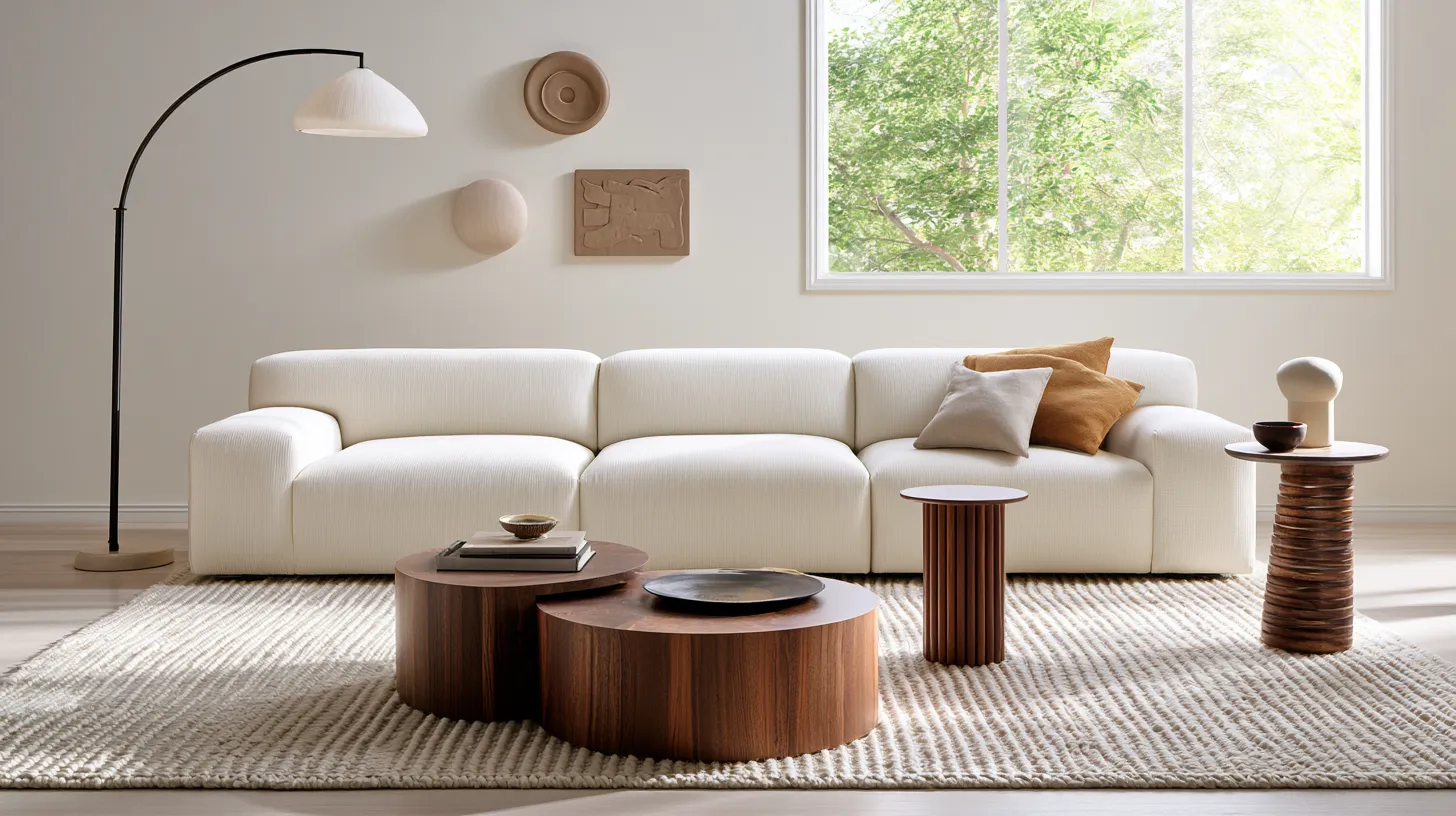 Living room interior design ideas for furniture placement with mid-century sofa, neutral rug and editorial styling