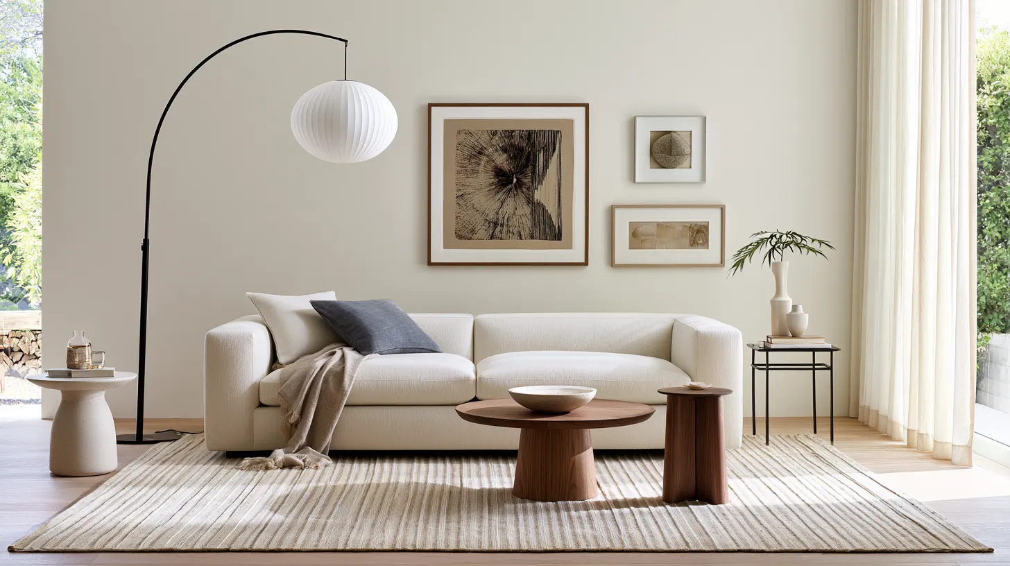 Stylish living room furnishing ideas with layered textiles, structured seating and statement wall decor in warm afternoon light