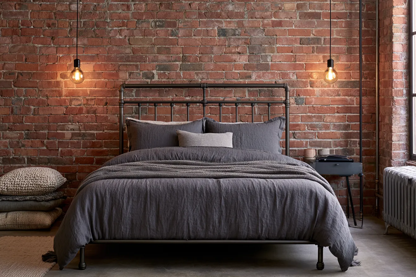 Urban loft bedroom design featuring dark metal furniture and layered textiles on concrete
